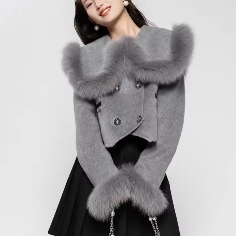 Real Fox Fur Woolen Jacket Women - Picture 4 of 5